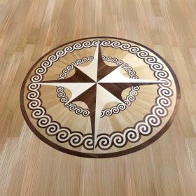 Wood floor medallion with compass rose design, round hardwood inlay for upscale flooring, nautical home decor accent.