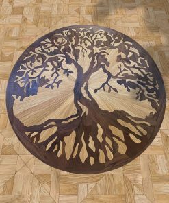 Round wood floor inlay medallion with Tree of Life design, natural parquet.
