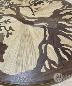 Round wood floor inlay medallion with Tree of Life design, natural parquet.