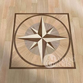 Square wood floor compass rose inlay, handcrafted hardwood medallion for nautical and luxury interiors