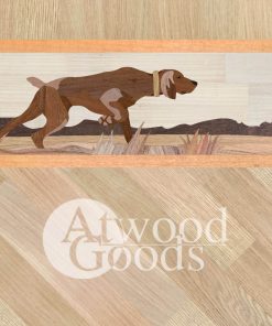 Handmade wood floor border with hunting dog inlay design in natural wood