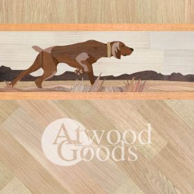 Handmade wood floor border with hunting dog inlay design in natural wood