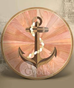Luxury hardwood floor medallion, circular inlay design with anchor and rope, nautical theme flooring art