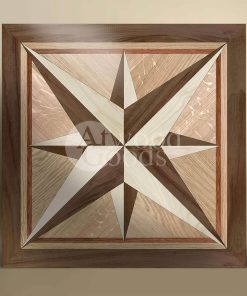 Square wood floor inlay with compass rose design, handcrafted from fine hardwoods for decorative flooring.