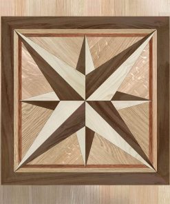 Square wood floor inlay with compass rose design, handcrafted from fine hardwoods for decorative flooring.