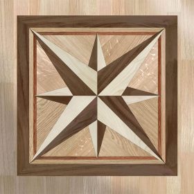 Square wood floor inlay with compass rose design, handcrafted from fine hardwoods for decorative flooring.
